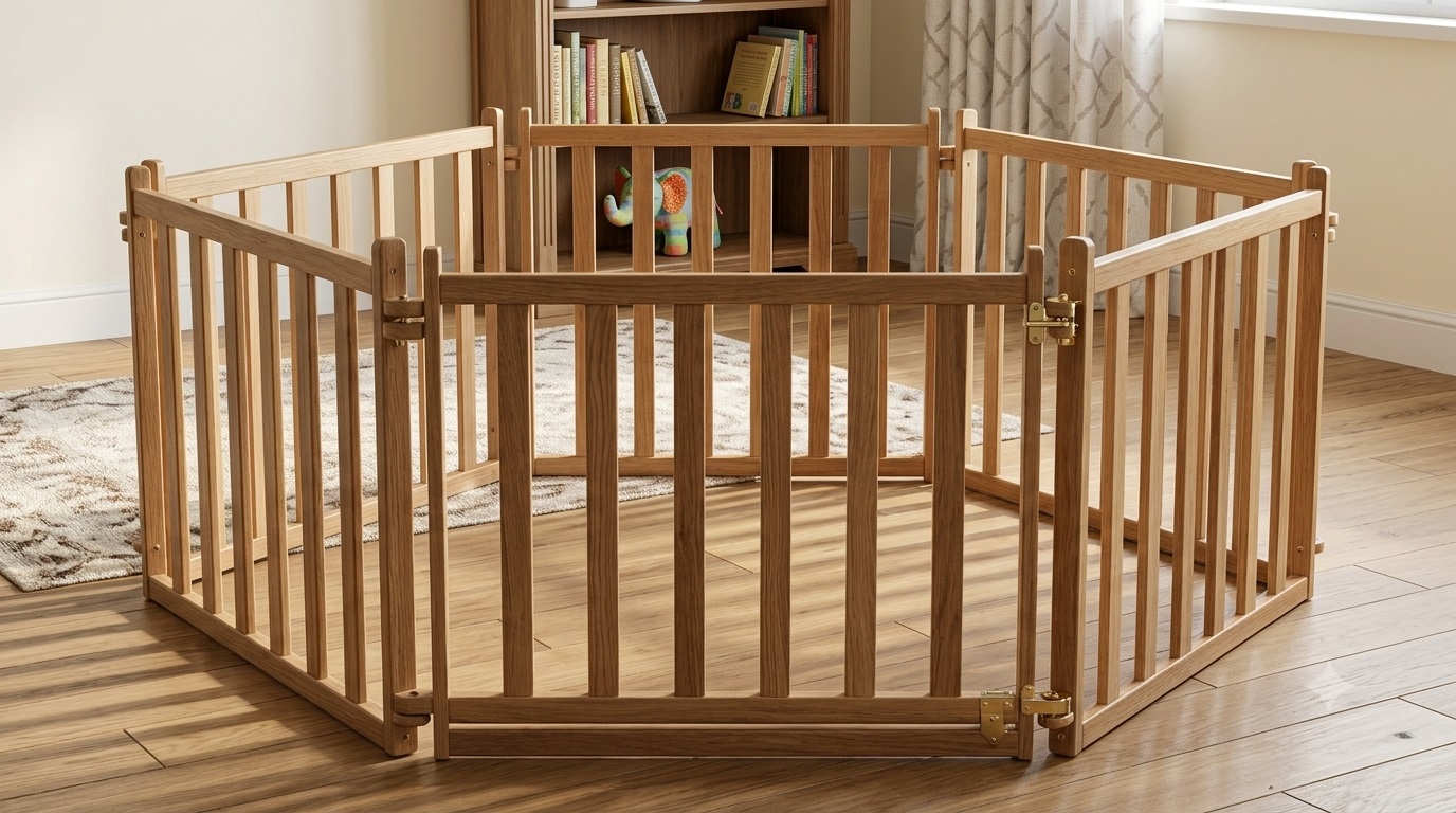 Corral hexagonal de madera para niños con terminaciones finas
