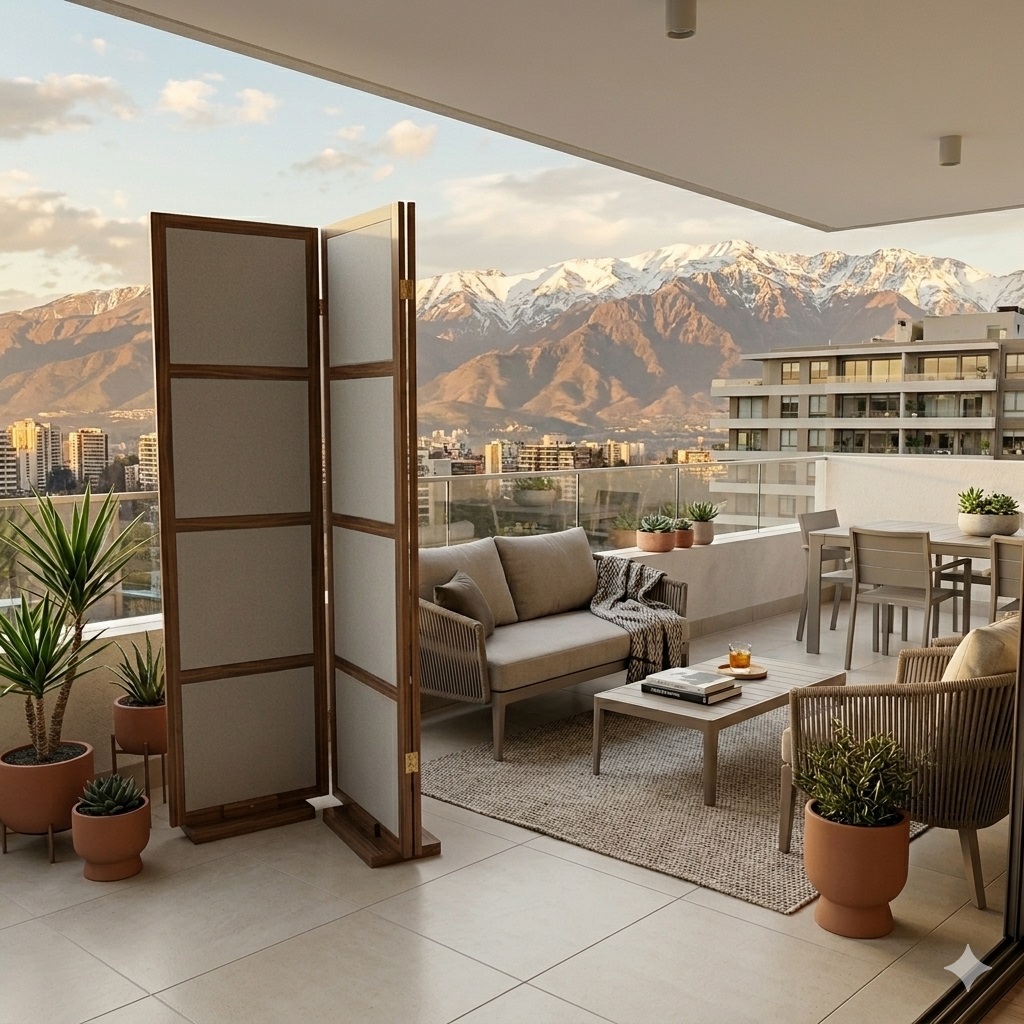 Panel orientable de madera para terraza con privacidad y protección solar